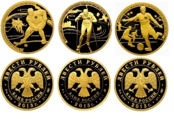 Комплект золотых монет "90 лет Динамо. Биатлон, Хоккей, Футбол" 200 рублей 2013 г.